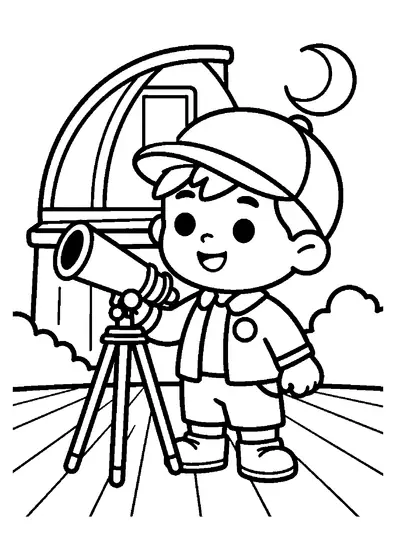 Un niño con pelo corto de puntas de pie junto a un gran telescopio en un observatorio astronómico.