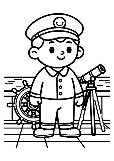 Dibujo para colorear de un niño con gorra de capitán en la cubierta de un barco en alta mar.