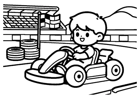 Dibujo para colorear de un joven piloto de karting con casco en una pista de carreras.