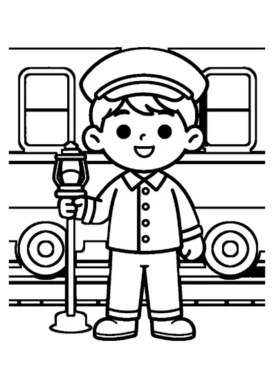 Un joven revisor de tren con uniforme y gorra de pie junto a la entrada de un tren.