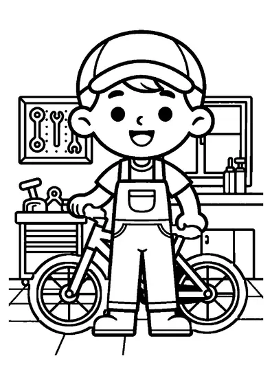 Dibujo para colorear de un niño reparando una bicicleta en un taller.