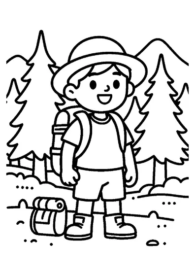 Dibujo para colorear de un niño con mochila y mapa caminando por un sendero en el bosque.