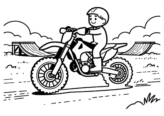Kolorowanka z motocyklem crossowym na torze przeszkód z rampą w tle.