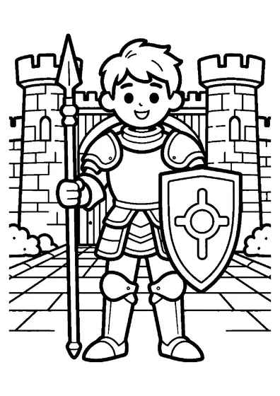 Un giovane cavaliere in armatura davanti al portone di un castello.