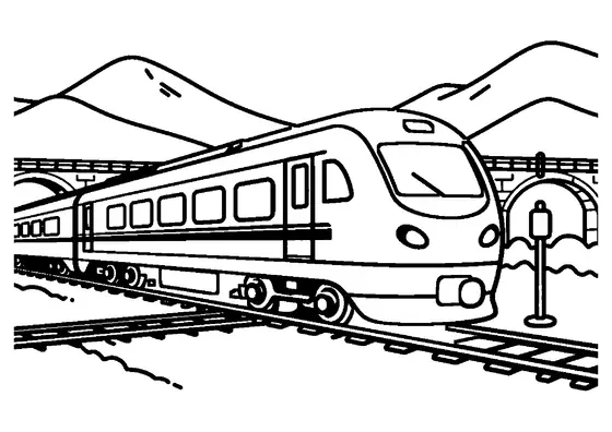Un tren expreso cruzando un alto viaducto de piedra sobre un río en un paisaje montañoso.