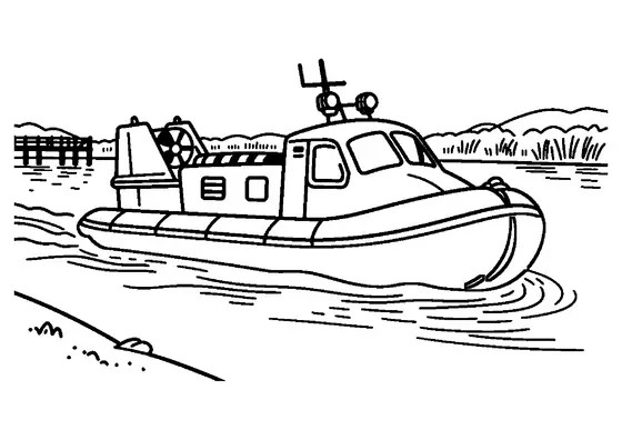 Colorir para imprimir com barco de resgate em margem de rio.