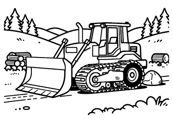 Dibujo para colorear de un gran buldócer empujando tierra por un camino a través del bosque.