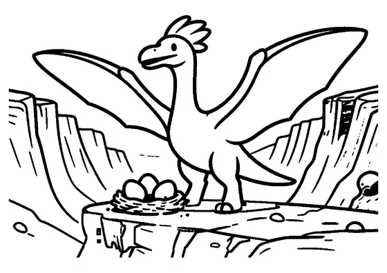 Dibujo para colorear de un pterodáctilo desplegando sus alas sobre un cañón rocoso.