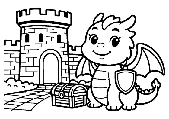 Un gran dragón con las alas extendidas delante de una torre de castillo de piedra.
