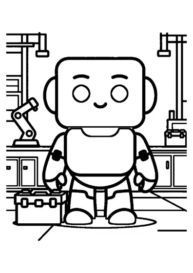 A large robot stands in an assembly hall beside a toolbox and battery pack.