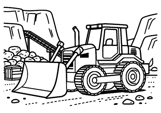 Desenho para colorir de um bulldozer de esteiras a trabalhar numa pedreira com uma grande pá e rochas.