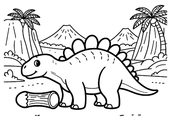 A stegosaurus stands among ferns and rocky cliffs in a wide prehistoric valley.