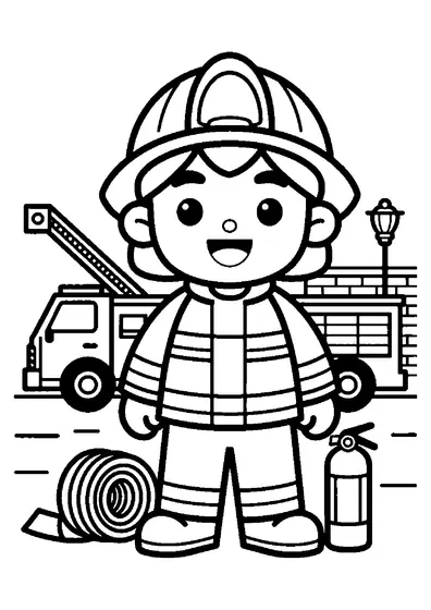 Coloração com um bombeiro com capacete a segurar uma mangueira de incêndio junto a uma escada.