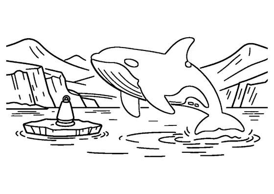 Dibujo para colorear de una gran orca saltando del agua cerca de un glaciar.