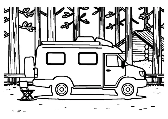 Colorir para crianças que mostram um camper de terreno estacionado numa floresta.