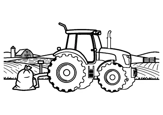 A tractor with a plow stands in a freshly plowed field in front of a farm.