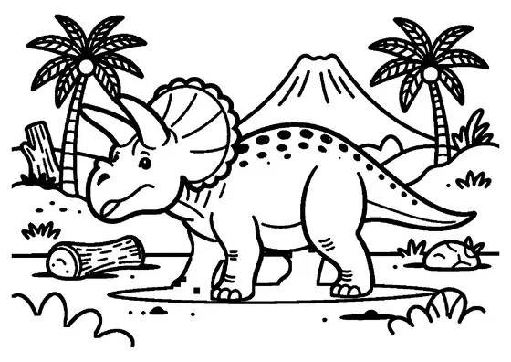Un triceratops en un terreno arenoso junto al tronco de un árbol y rocas en un denso bosque prehistórico.