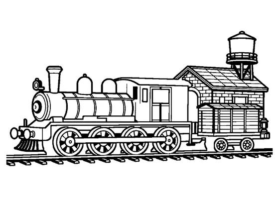 Una locomotora de vapor de vía estrecha junto a un edificio histórico de estación rural.