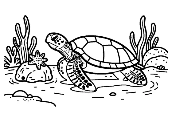 Dibujo para colorear de una tortuga marina nadando junto al coral en el fondo del océano.