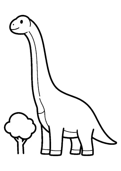 Um brachiosauro com um pescoço comprido, pernas dianteiras altas e uma cabeça pequena está de pé perto da copa de uma árvore.