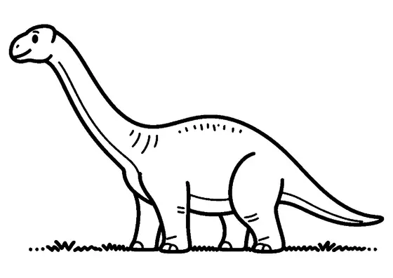 Um diplodocus com cabeça pequena, pescoço comprido e cauda muito longa está na relva.