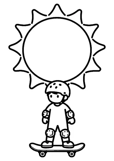 Un joven está de pie sobre el monopatín bajo un gran sol y lleva casco y protecciones.