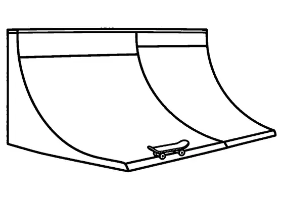 Una gran rampa ondulada de skatepark con un monopatín colocado al inicio de su tramo plano.