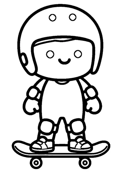Un skater principiante sonriente posa de frente sobre el monopatín con casco y protecciones.