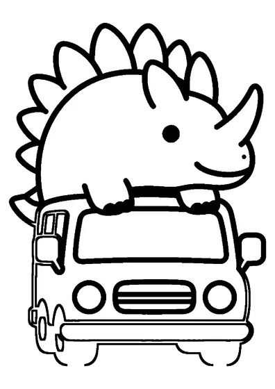Um styrakozaur está sentado ao volante de um autocarro pequeno.