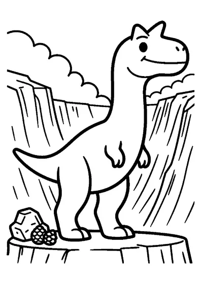 Un Albertosaurio contempla un valle boscoso desde el borde de un alto acantilado rocoso.