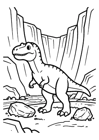 Un allosaure dans un canyon rocheux, près d’un immense rocher. Coloriage pour enfants.