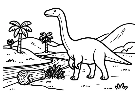 Un Alvarezsaurus de pie junto a un tronco petrificado en el lecho de un arroyo arenoso.