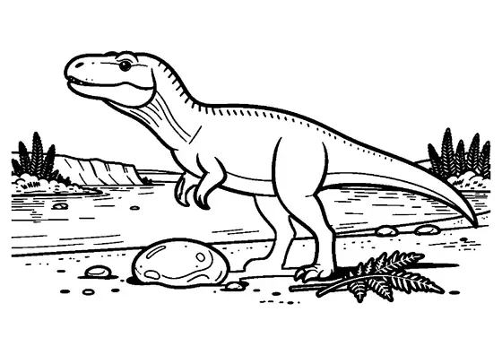 Ein Baryonyx watet zwischen Schachtelhalmen durch das flache Wasser eines steinigen prähistorischen Flussdeltas.