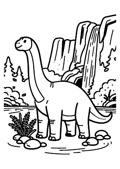 Un Brachiosaurus de cuello largo alcanza las ramas altas junto a una cascada de montaña.