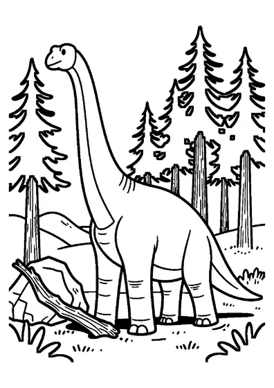 Un brachiosaure parmi de hauts sapins et des troncs nus, avec un rocher et une branche cassée à ses pieds, dans un dessin aux grandes zones à colorier.