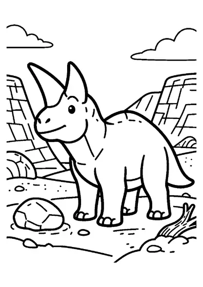 Un Centrosaurus cu un singur corn lung pe nas stă la marginea unei văi nisipoase.