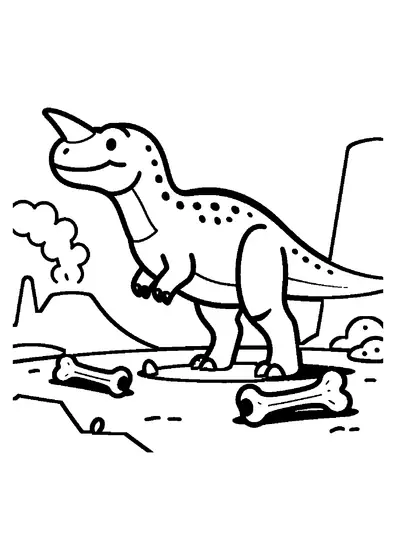 Ein Ceratosaurus mit einem Horn auf der Nase steht am Rand eines rauchenden Vulkankraters.