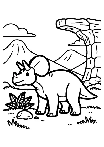 Un Chasmosaurus con gola en el cuello permanece bajo un gran arco natural de piedra.