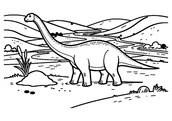 Un diplodocus au long cou dans une vallée fluviale verdoyante. Coloriage pour enfants.