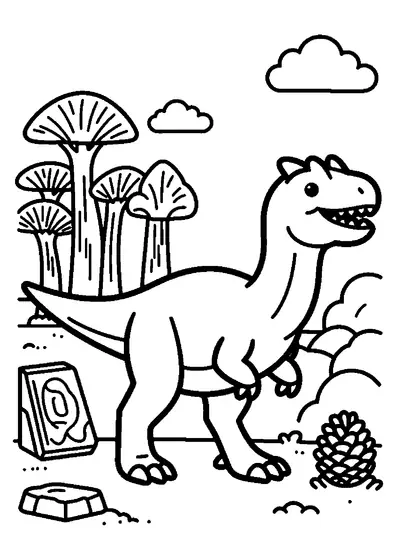 Un Allosaurus cu creste asemănătoare unor coarne deasupra ochilor, lângă o stâncă și un pâlc de coada-calului.