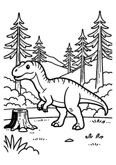 Un alozaur merge printr-o pădure străveche, lângă un trunchi de copac căzut. Planșă A4 de colorat.