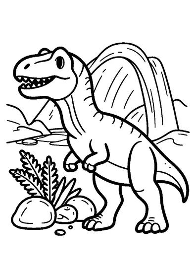 Planșă de colorat cu un Allosaurus aflat la intrarea într-o peșteră de calcar cu stalactite.