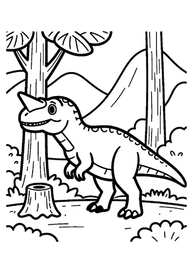 Un Ceratosaurus cu un singur corn pe nas stă într-o poiană dintr-o pădure străveche.
