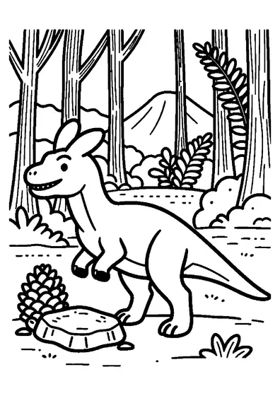 Planșă de colorat cu un Dilophosaurus cu două creste, între ferigi uriașe și arbori de ginkgo.
