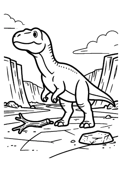 Un Giganotosaurus merge prin albia secată a unui râu, la poalele unei stânci abrupte, într-un peisaj deșertic preistoric.