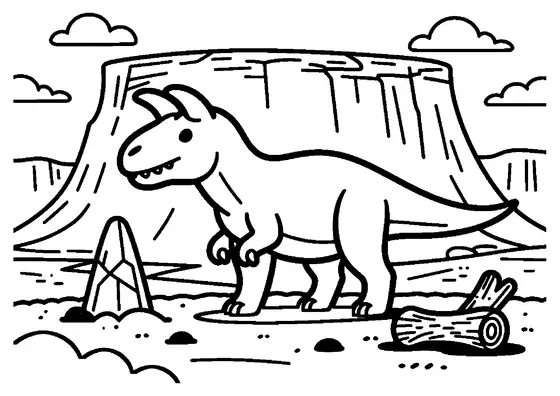 Planșă de colorat cu un Carnotaurus cu coarne, pe o stâncă aflată în fața unui platou tabular.