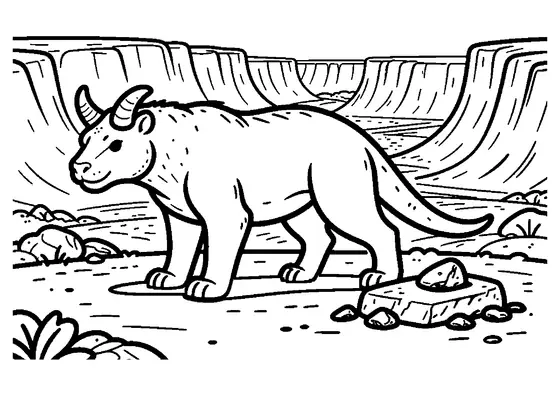 Un carnotaur cu coarne proeminente deasupra ochilor stă pe un platou stâncos. Planșă de colorat pentru copii.