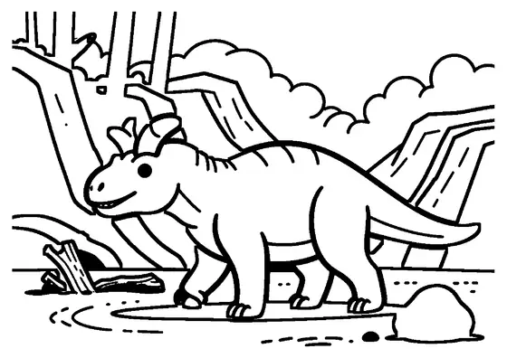 Un Carnotaurus cu coarnele de deasupra ochilor bine vizibile stă pe o potecă vulcanică.