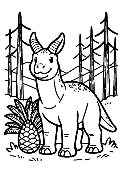 Das Ausmalbild zeigt einen Carnotaurus mit zwei Hörnern vor einem Wald aus Nadelbäumen und Farnen.