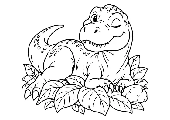 Young Tyrannosaurus lifting its head from broad leaves with one eye open and a small rock nearby.